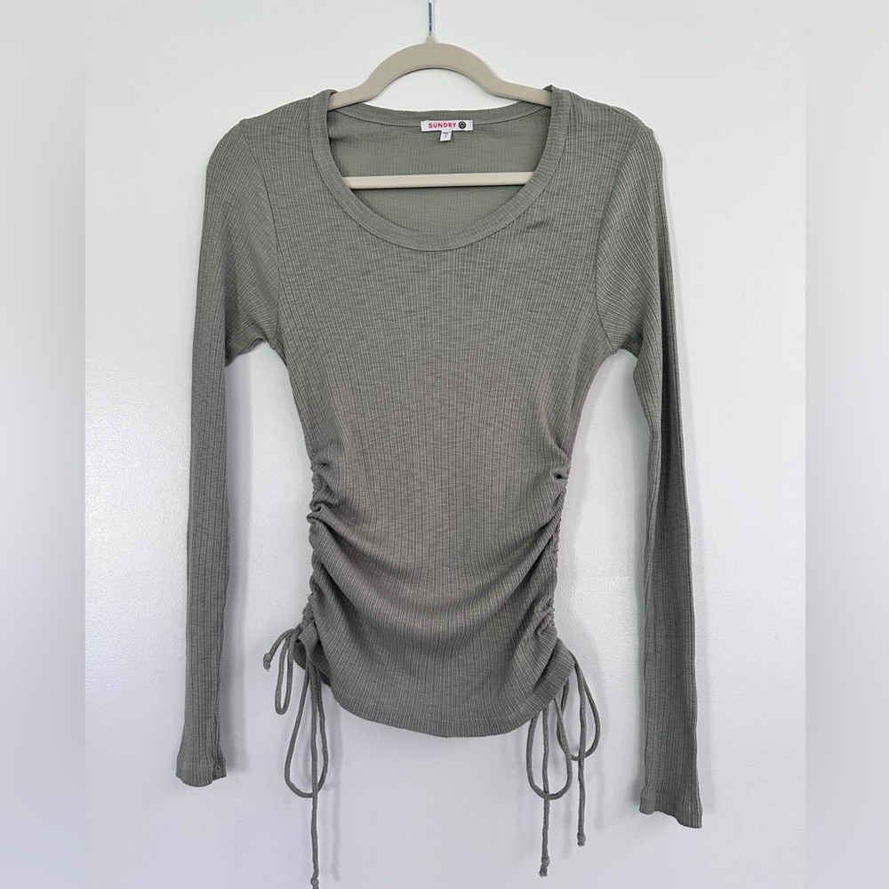 Sundry Gray/Green Ruched Tie Front Blouse